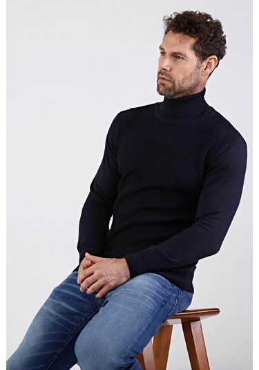 Çizgi Triko Erkek Tam Balıkçı Yaka Pamuklu Triko Kazak 4669E Laci Lacivert