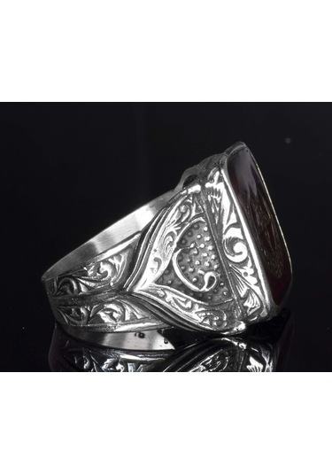 925 Ayar Gümüş Erkek Yüzük - Ay Ve Yıldız İle Oluşturulmuş Granat Taşı Gümüş