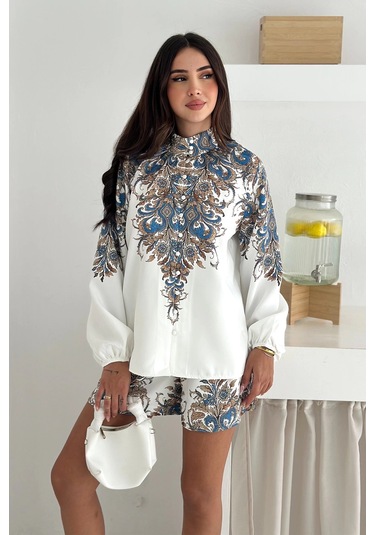 İthal Atlas Kumaş Bluz&şort Takım Beyaz