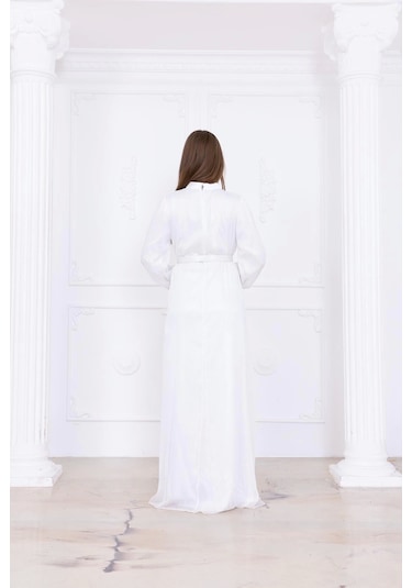 Yaka Fırfırlı Boncuk İşlemeli Şifon Abiye 2716-ekru Ekru