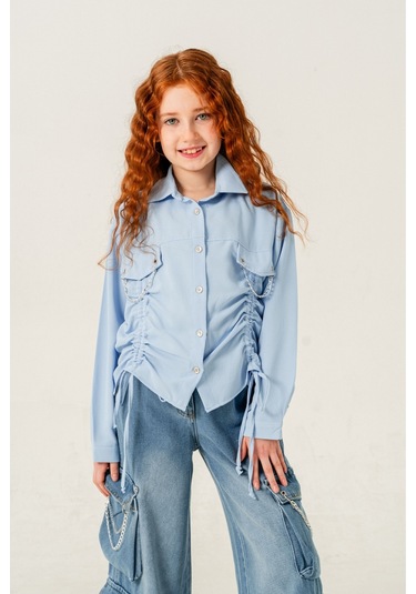 Kız Çocuk Önü Tünelli Cebi Zincirli Gömlek 3147 Mavi