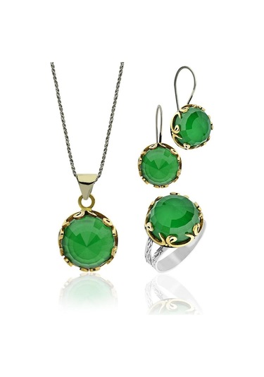 Zümrüt Taşlı Vav Harfi Motifli Otantik Gümüş Kadın Set