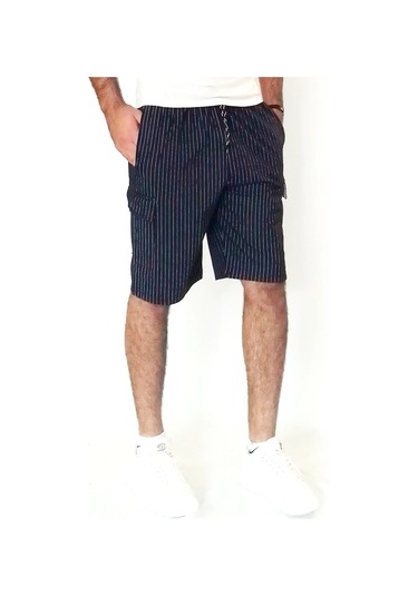 Kargo Cepli Pamuklu Erkek Şort Lacivert Çizgili