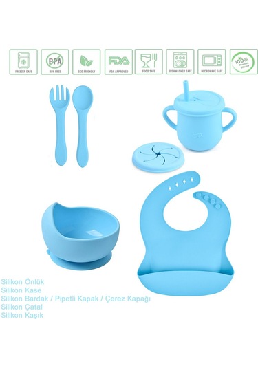 Jojobebek Çocuk Silikon Mama Önlüğü, Silikon Vakumlu Kase, Silikon Çatal-kaşık, Silikon Pipetli Bardak Mavi