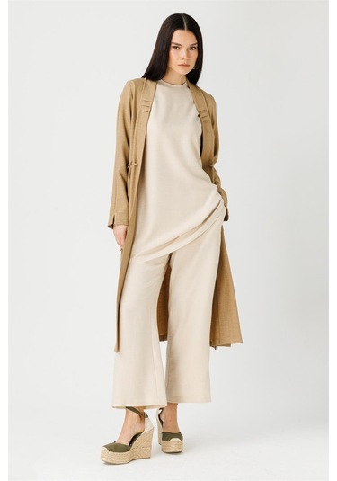 Bağcık Detaylı Tunik Ceket Pantolon Takım Camel-camel Camel