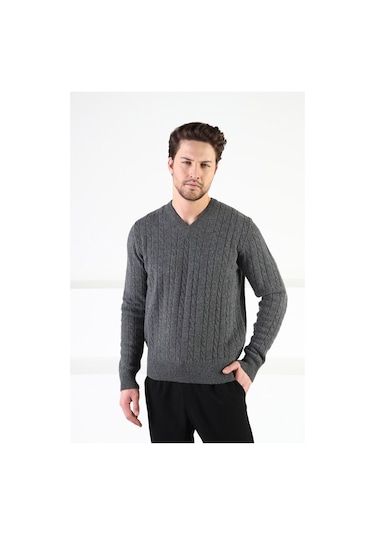 Ferraro Füme V Yaka %100 Kuzu Yünü Erkek Kazak Füme