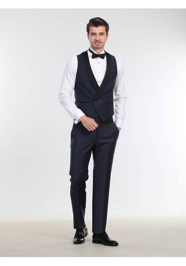 Kip Saks Fitted Fit Şal Yaka Klasik Yelek Saks