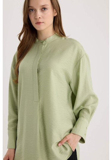 DeFacto Relax Fit Hakim Yaka Basic Düz Uzun Kollu Gömlek Tunik E1757AX25SPGN270