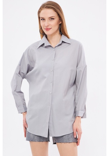 Armonika Kadın Gri Oversize Uzun Basic Gömlek Arm-22y001118