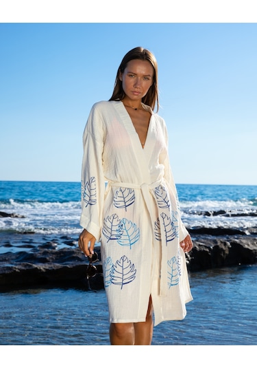 Litustyle Yaprak - Naturel & El Baskılı Pamuk Müslin Kimono Beyaz