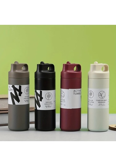 Besthome1 1 Adet Active Tumbler 550ml 19 35oz Paslanmaz Çelik Vakumlu Termos Seyahat Bardağı Pipetli Ve Saplı Siyah