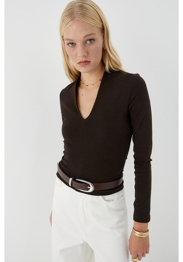 V Yaka Uzun Kollu Body Acı Kahve Acı Kahve