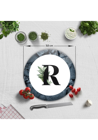 Decorita Cam Kesme Tahtası - Cam Kesme Tablası | Harfli Tasarım | R | Çap 32cm