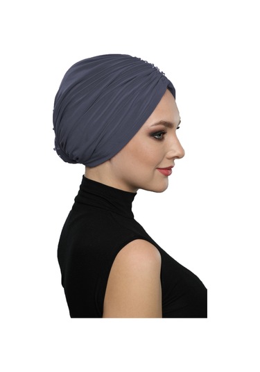 Kristal Yelpaze Taş İşlemeli Çift Taraflı Astarlı Hazır Koyu Gri Türban Tesettür Abiye Bone