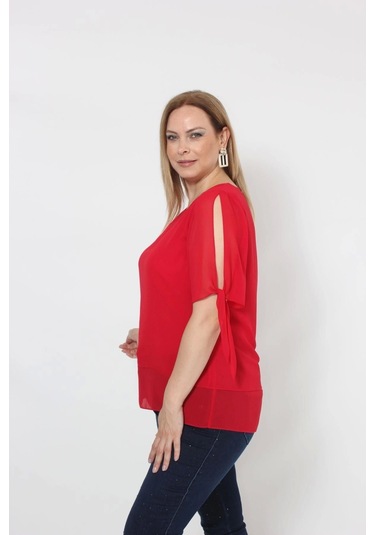 3173k Kırmızı Kolu Bağlama Detaylı Bluz Kırmızı