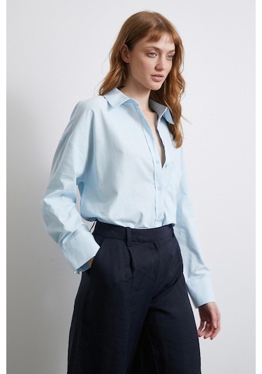 Keten Karışımlı Oversize Gömlek Mavi Mavi