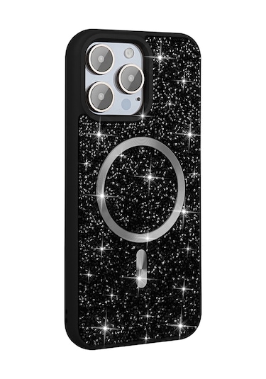 Ariatech İphone Uyumlu 15 Pro Max Kılıf Pırlanta Tasarımlı Magsafe Şarj Özellikli Mozaik Sil Siyah