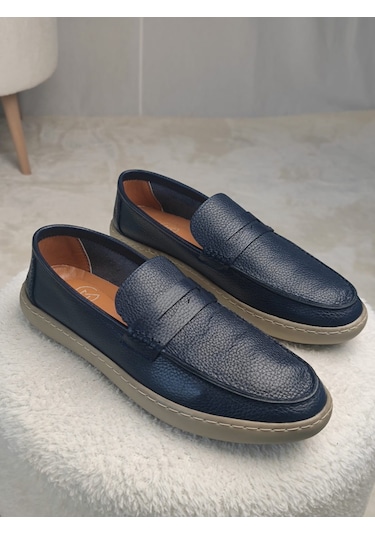 Muggo Harnaz Bağcıksız Hakiki Deri Erkek Günlük Casual Ayakkabı Lacivert