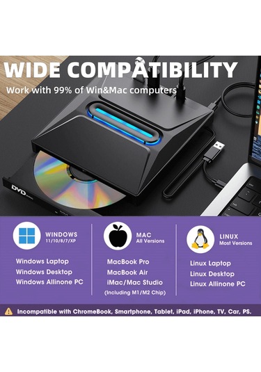 Valkyrie Usb 3.0 Harici External Cd Dvd Okuyucu Yazıcı Led Usb Hub Tf Sd Kart Okuyucu Çoğaltıcı