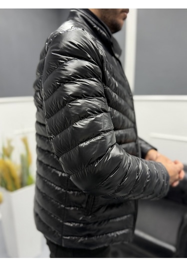 Avni Ceylan Erkek Parlak Şık Slim Fit Kışlık Şişme Mont Siyah
