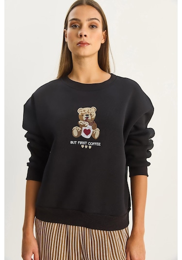 Shade Kadın Teddy Nakış Detaylı Üç İplik Şardonlu Sweatshirt 60601044 - Siyah