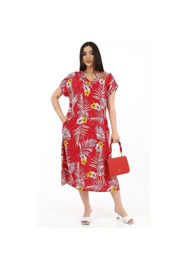 Schık Kadın Viskon Yarım Kol V Yaka Halkalı Cepli Elbise Kırmızı Kırmızı