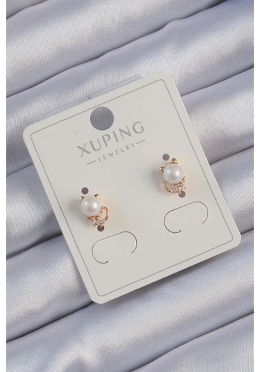 Bluefeet Xuping Rose Renk Zirkon Taşlı İncili Kedi Küpe Rose Gold