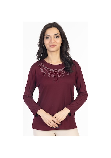 Yeni Model Taş İşlemeli Yuvarlak Yaka Likralı Anne Penye Bluz 6420-vişne Çürüğü