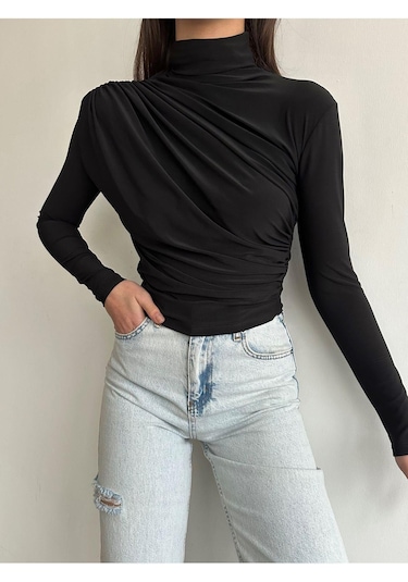 Kadın Büzgü Detaylı Dik Yaka Sandy Bluz Siyah