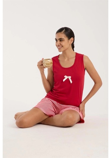 Giyim Kadın Kırmızı Kurdele Detaylı Çizgili Şortlu Pijama Takımı Kırmızı