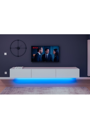 Mac Dizayn Knidos Tv Ünitesi 240 Cm 3 Kapaklı, Mat Beyaz, Led Aydınlatmalı Mat Beyaz