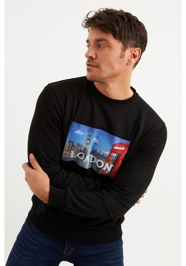 Mysport 5011 Erkek Bisiklet Yaka Baskılı Sweatshirt-siyah Siyah