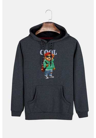 Unisex Füme Kapüşonlu Cool Ayıcık Baskılı Slim Fit Kanguru Cepli Sweatshirt Füme