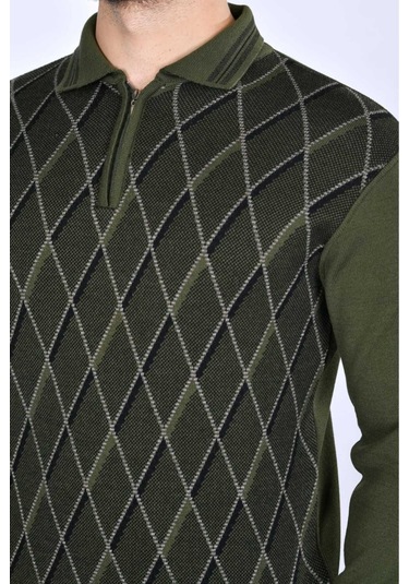 Kamalı Erkek Çelik Örgü Baklava Desenli Gömlek Yaka Fermuarlı Polo Yakalı Tüylenmez Triko Kışlık Baba Kazak Haki