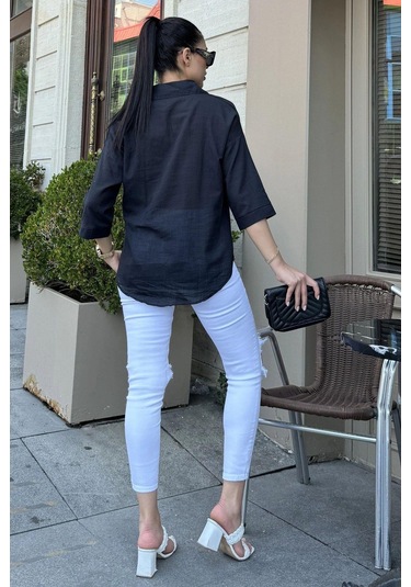 Kadın Siyah Truvakar Kol, Oval Kesim, Terletmez, Flamlı Keten Salaş Gömlek Siyah