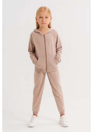 Kız - Erkek Çocuk Basic Fermuarlı Okul Eşofman Takımı Ak0785 Bej