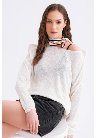 6933 Kadın Kayık Yaka İnce Mevsimlik Triko Kazak Beyaz Beyaz