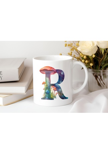 R Baş Harfi Fantastik Mantarlı Kupa Bardak - Kişiye Özel Masalsı Bardak - Hediye Beyaz