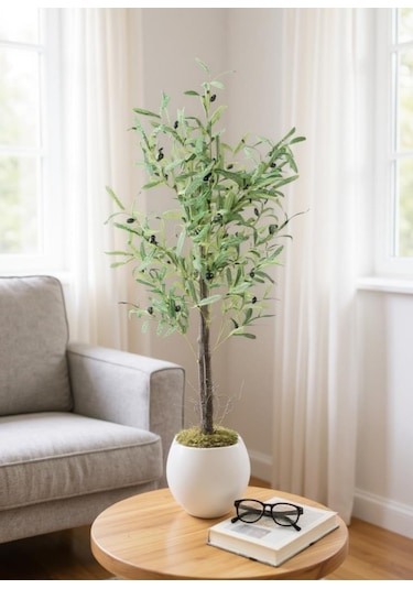 Yapay Zeytin Ağacı 130cm İki Gövdeli Beyaz Küre Saksıda Salex Doğal Gerçek Görünümlü Yapay Ağaç