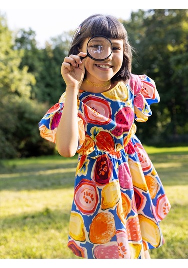 Sheshe Desenli Pamuklu Beli Lastikli Kız Çocuk Elbise Renkli