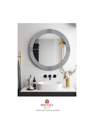 Safir Gümüş Dekoratif Ayna Yuvarlak Işlemeli Duvar Aynası 43 Cm Gümüş