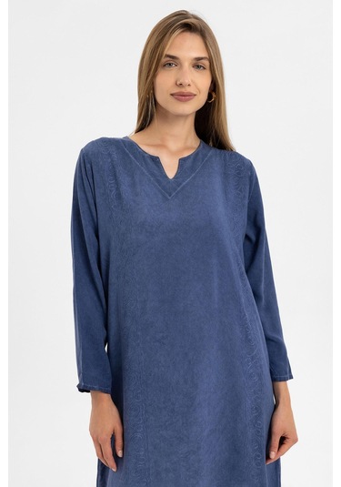 Mavi İşlemeli Uzun Kollu Astarsız Pamuklu Uzun Elbise-mavi