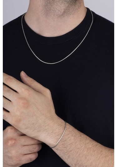 Gümüş Pazarım İtalyan Model Klasik Erkek Gümüş Zincir Kolye Bileklik Kombini Çok Renkli