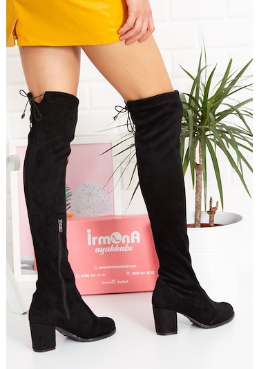 Günlük Siyah Streç Çorap Süet Kalın Topuk Diz Üstü Kadın Çizme Fermuarlı Bağcıklı Dizüstü Bot 173 Siyah