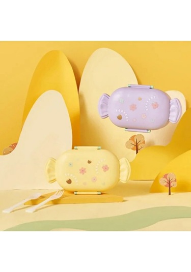 Sevimli Şeker Şekilli Çocuk Beslenme Kutusu Kaşıklı 2 Bölmeli Yemek Saklama Kabı Sarı