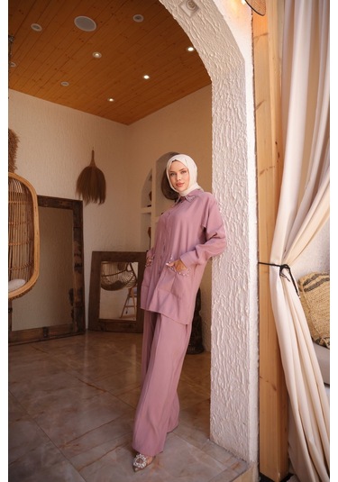 Kadın Tesettür Eşofman & Takımı, Alt Üst Uzun Takım Düğmeli Gömlek Pantolon 504 Pembe