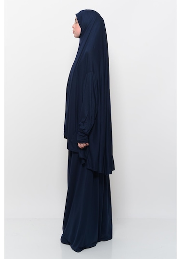 Pratik 2 Parça Pamuklu Yarasa Kollu Başörtülü Tesettür Namaz Elbisesi Koyu Lacivert Antrasit