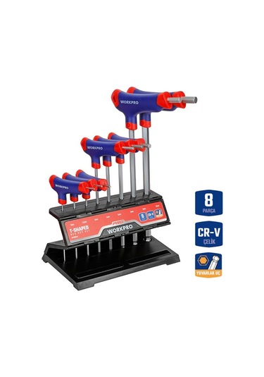 Workpro Wp200542 8 Parça Cr-v Top Başlı T Tipi Uzun Profesyonel Allen Anahtar Takımı
