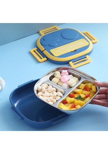 Moveevo Mavi 3 Bölmeli Çocukluk Çelik Yemek Kutusu, Kaşık Ve Tabaklı Pratik Mutfak Seti - Ev Kullanıma Uygun, Dayanıklı Ve Kolay Kullanım MAvi