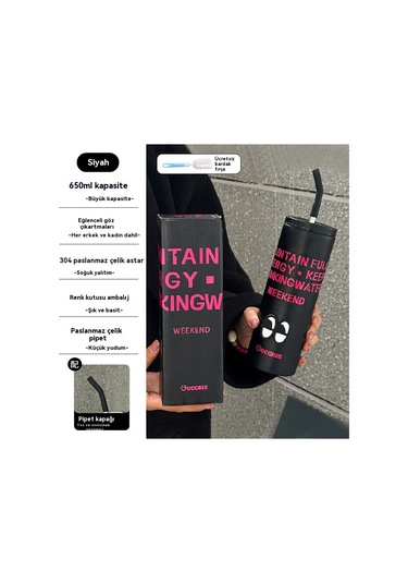 Velvettides Sınır Ötesi Siyah Toz Çift Yüksek Değerli Termos Bardak Basit Paslanmaz Çelik Taşınabilir Pipet Bardak Yazdırılabilir Logo Su Bardağı Toptan Gelgit Serin Siyah 650ml Göz Çıkartmaları